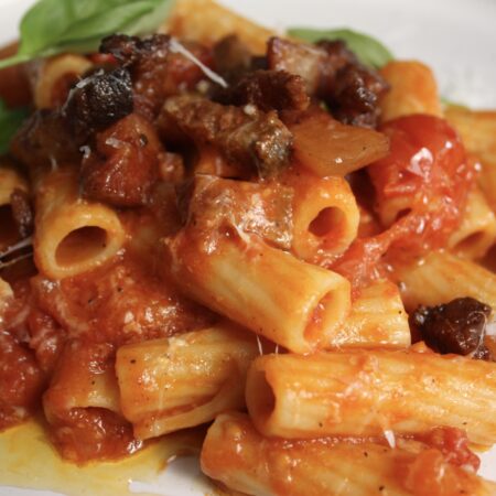 Pasta amatriciana with pecorino and guanciale